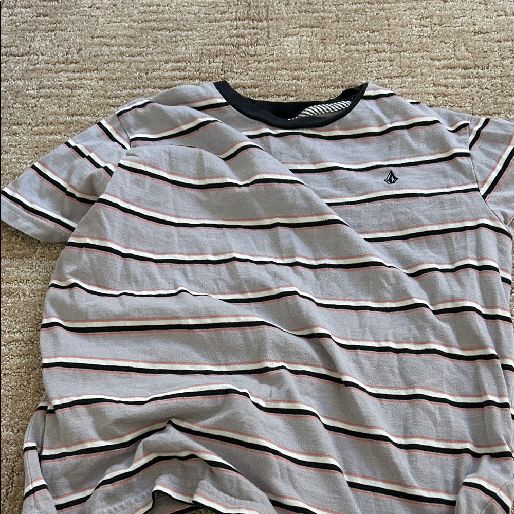 Volcom Men's Black and Gray Striped Tee
